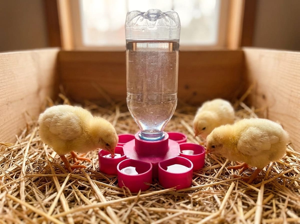 Flauschige Küken trinken sicher an der SaveFlower Kükentränke im Blütendesign auf Stroh